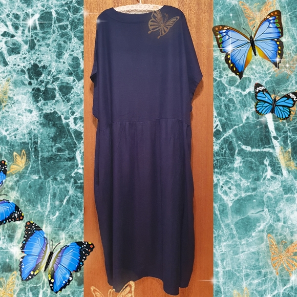 ANKO Navy Blue Short-Sleeve Gathered Waist Double Pockets Dress - Picture 8 of 8